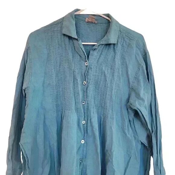 Neiman Marcus Women's Turquoise Linen Pleated Collared Button Down Shirt - Picture 3 of 7